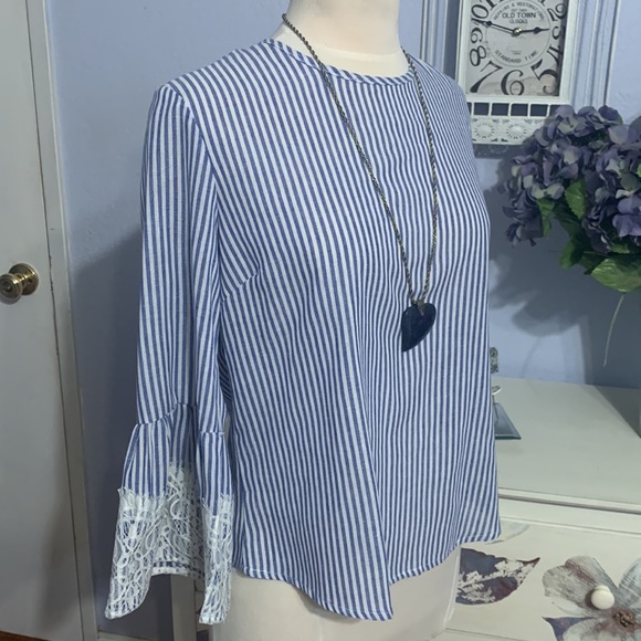 Given as Gift Blue and White Bell Sleeved Blouse - Picture 3 of 7
